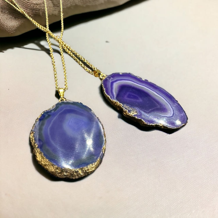Gold-Dipped Purple Agate Slice Necklace