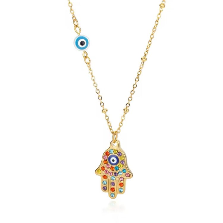 Hamsa Hand Necklace w/ Colored Zircons