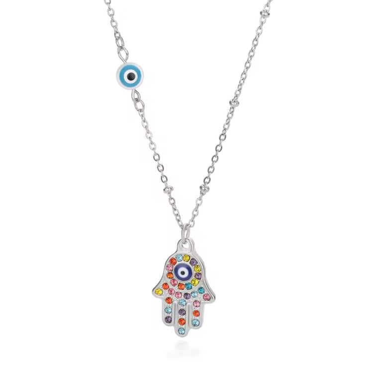 Hamsa Hand Necklace w/ Colored Zircons