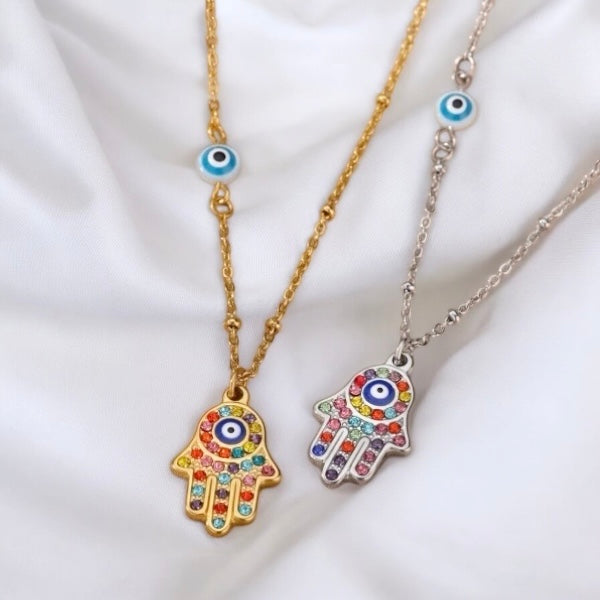 Hamsa Hand Necklace w/ Colored Zircons