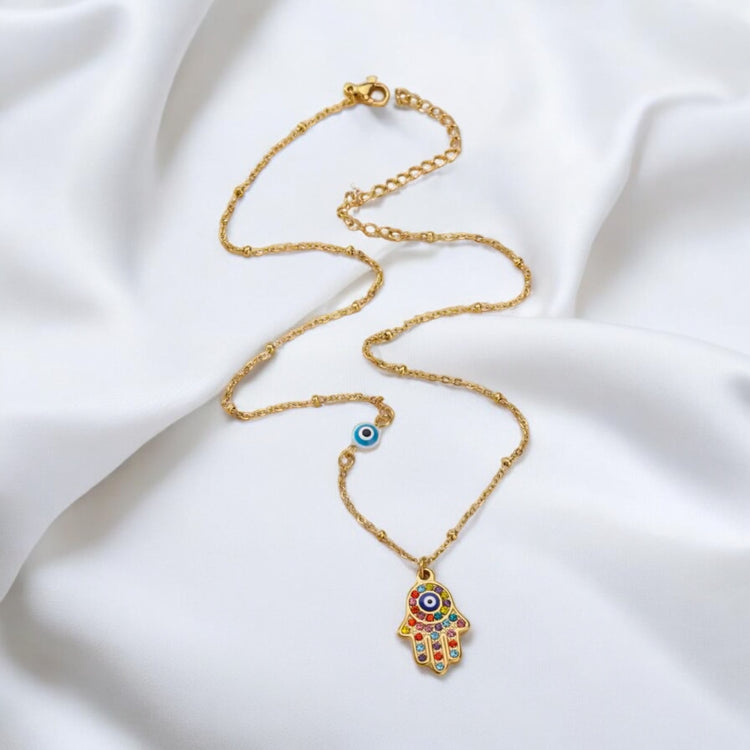 Hamsa Hand Necklace w/ Colored Zircons