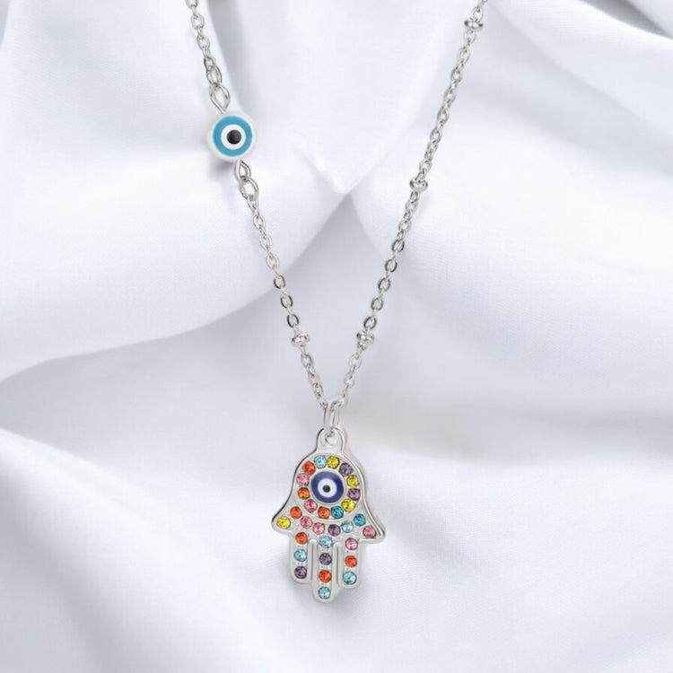 Hamsa Hand Necklace w/ Colored Zircons