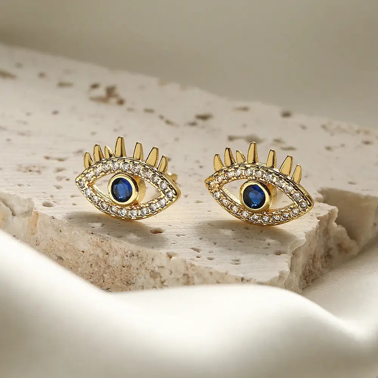 Evil Eye Stud Earrings w/ Blue Cubic Zircon