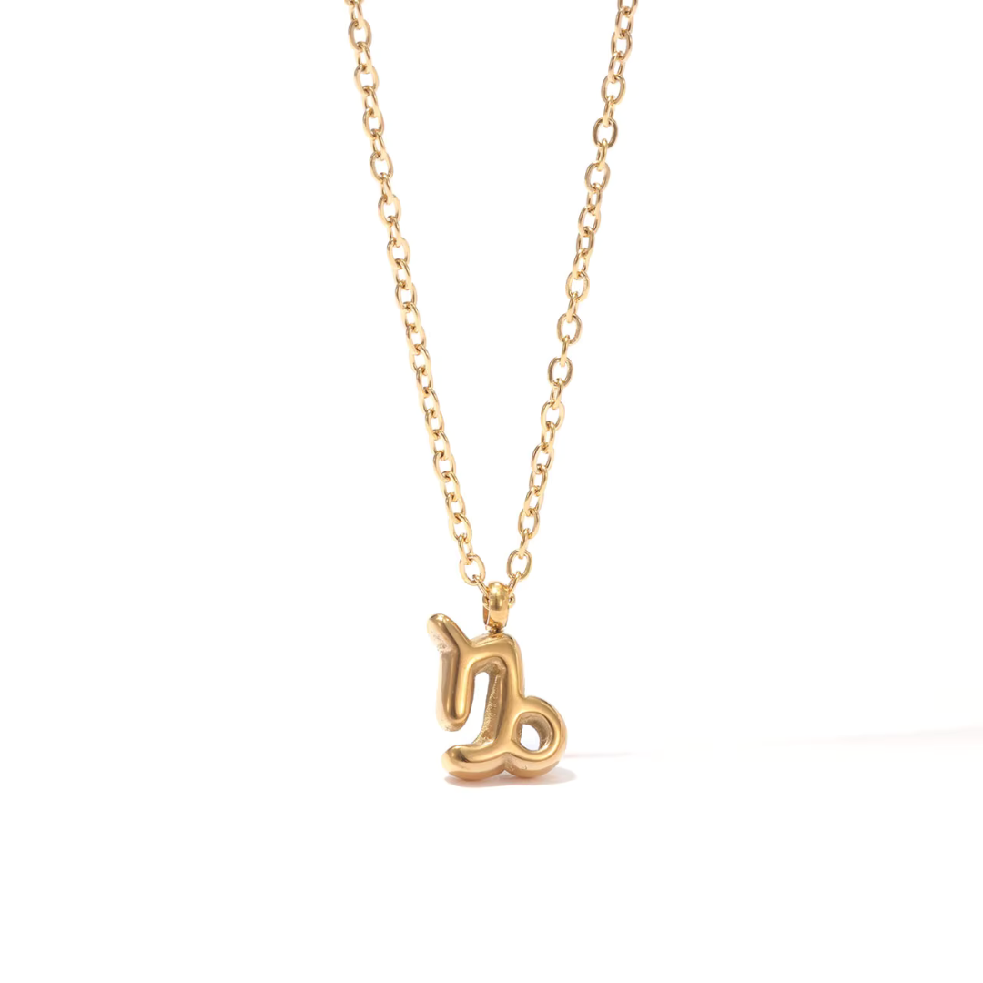 All 12 zodiac symbol bubble necklaces in 18K gold PVD displayed on a stone surface. Bold, chunky glyph pendants on delicate cable chains — waterproof and tarnish-free.