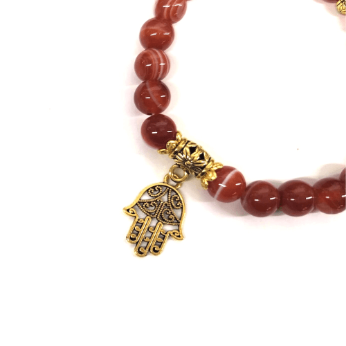 Banded Carnelian Crystal Bracelet w/ Hamsa Hand Charm