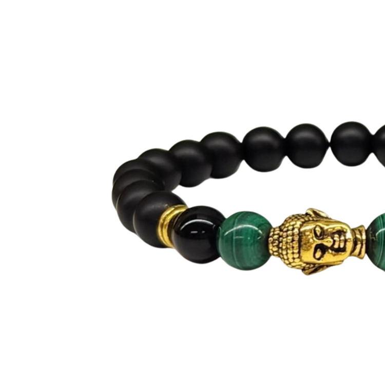 Malachite & Matte Black Obsidian w/ Buddha Head Bracelet - Stability | Transformation