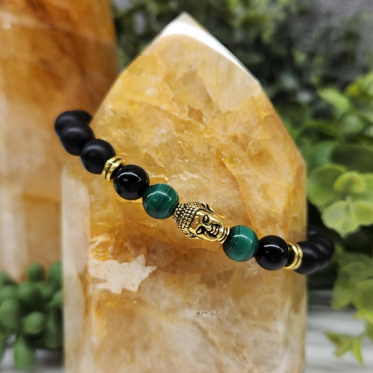 Malachite & Matte Black Obsidian w/ Buddha Head Bracelet - Stability | Transformation