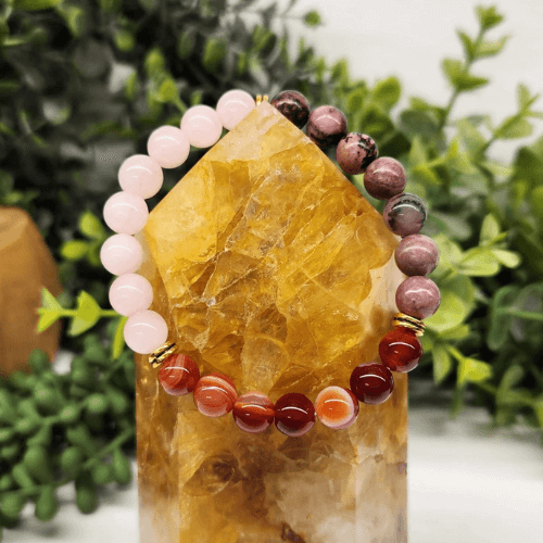 Rose Quartz, Banded Carnelian & Rhodonite Crystal Bracelet - Self-Love