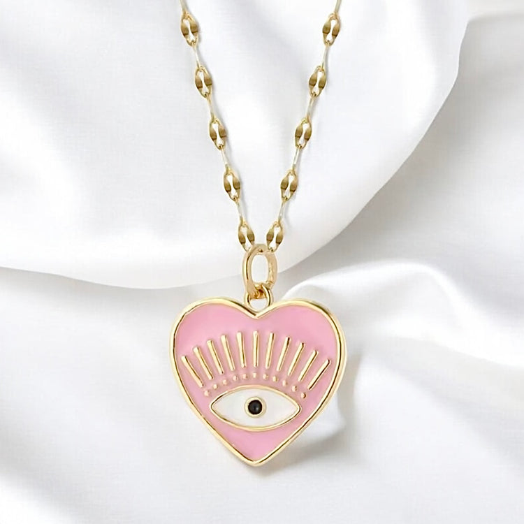 Pink Heart Evil Eye Necklace