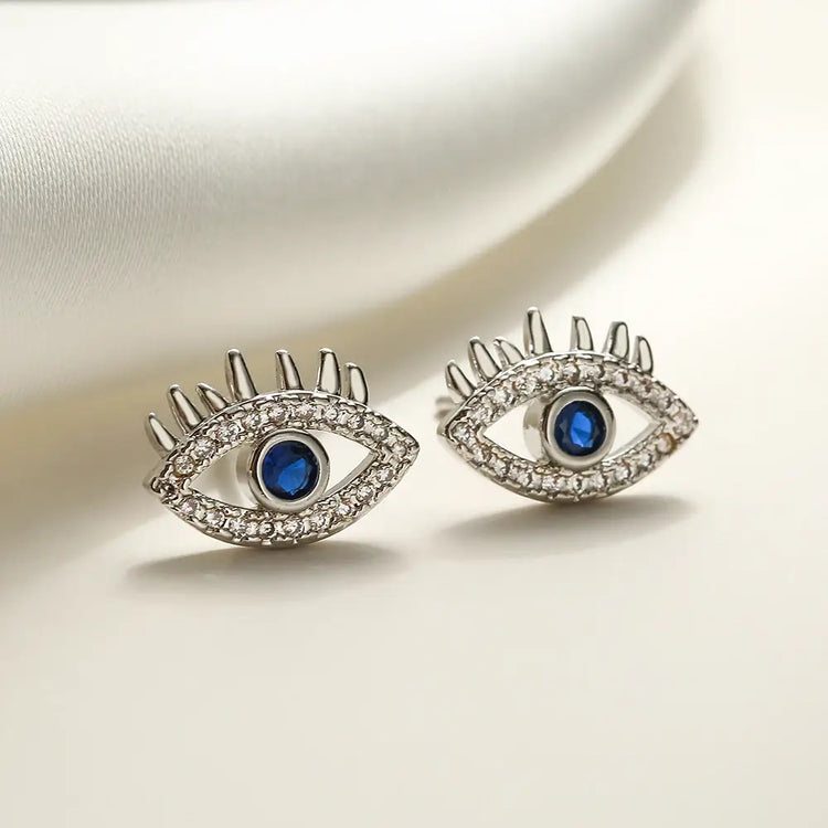 Evil Eye Stud Earrings w/ Blue Cubic Zircon