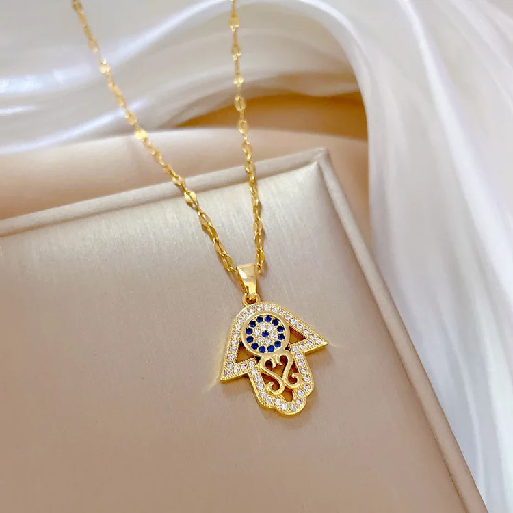 Hamsa Hand Blue Cubic Zircon Necklace