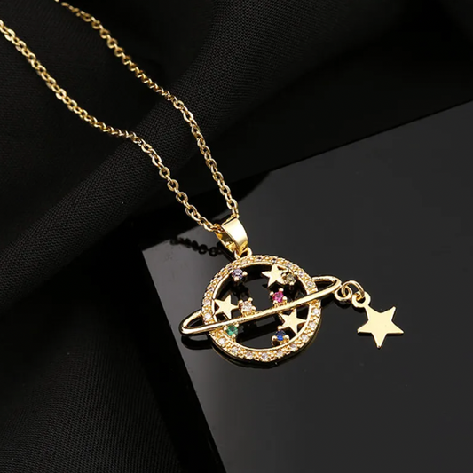 Saturn & Stars Gold Necklace with Cubic Zircons