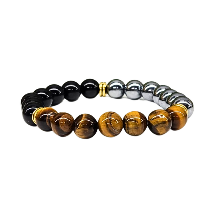 Triple Protection Crystal Bracelet - Hematite | Tiger's Eye | Black Obsidian