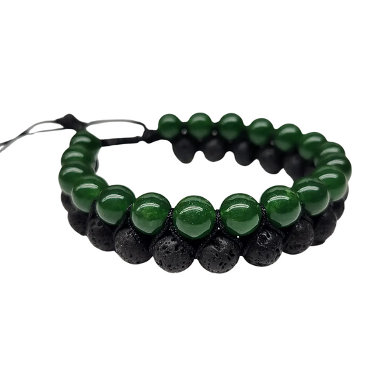 Green Jade & Black Lava Double Layer Woven Bracelet - Prosperity | Protection | Strength