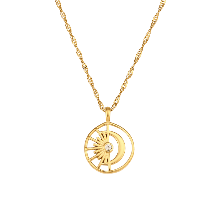 Crescent and Sun Necklace with Cubic Zircon